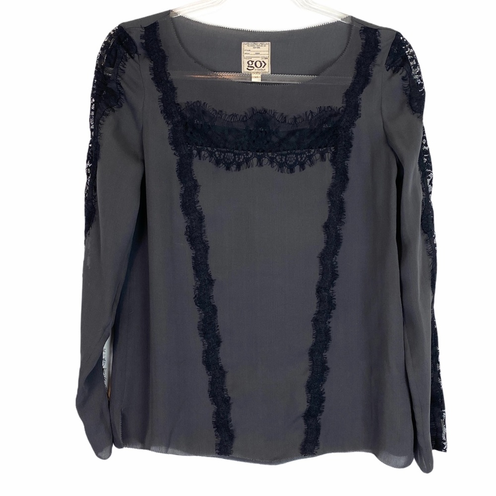 Go by Gosilk Blouse Gray Silk Long Sleeve Lace Lightweight Women's Size XS